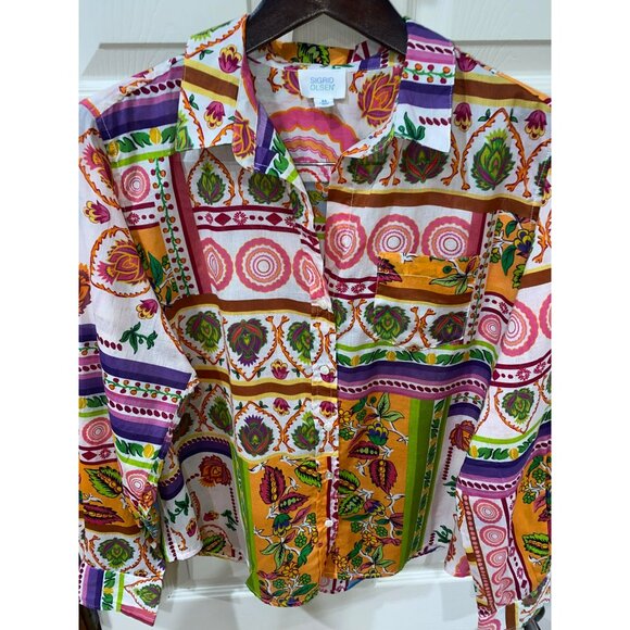 Sigrid Olsen Womens M Multicolor Boho Patchwork Print Button-Up Long-Sleeve Shir - Picture 6 of 8